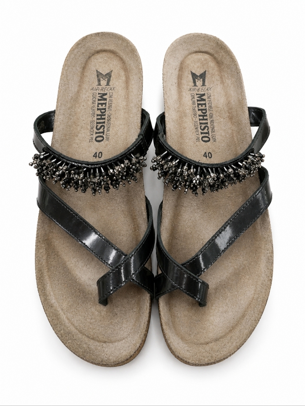 Mephisto Air-Relax Black Leather Beaded Sandals | Size 40 | Comfort Footbed